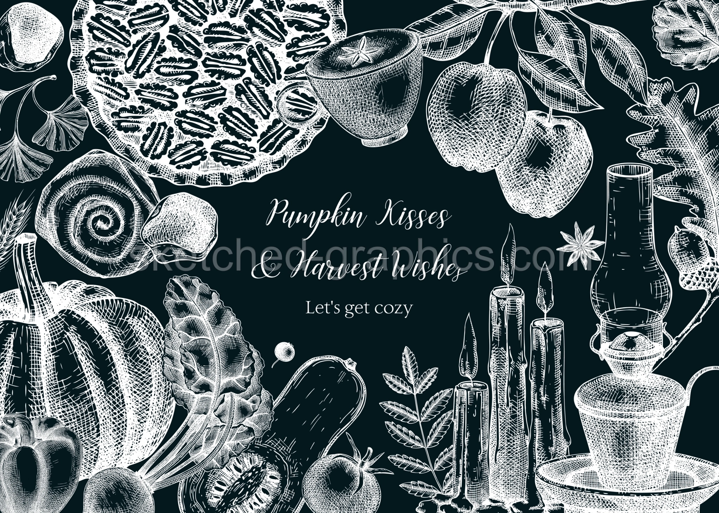 Autumn frame design template on chalkboard. Hand-drawn vector illustration. Pumpkin, hot drink, fruit, vegetables, pie, pastry, fall leaves sketches. Harvest frame. Thanksgiving background. Illustration